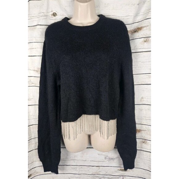 House of Harlow Black Bling Fringe Sweater Tunic Top L Wool Mohair Blend - Picture 1 of 9